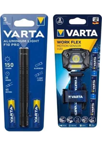 Sava-Varta 18648 Work Flex Motion Sensor Kafa Feneri ve 16606 El Feneri Alüminyum Işık F10 Pro