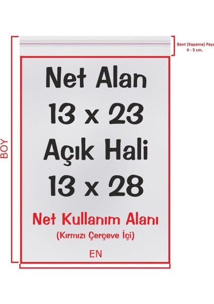 13X23+5 cm (13*28) 500 Adet Şeffaf Bantlı Yapışkanlı Jelatin Poşet