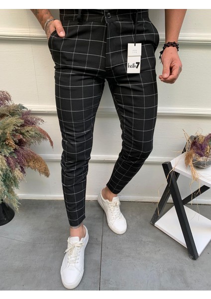 Erkek Siyah Slim Fit Ekoseli Kumaş Pantolon