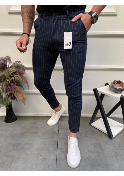 Erkek Lacivert Slim Fit Çizgili Kumaş Pantolon