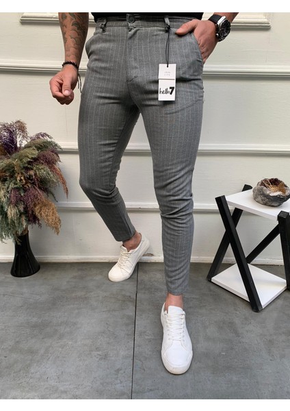 Erkek Füme Slim Fit Çizgili Kumaş Pantolon