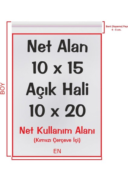 10X15+5 Cm. (10*20) 500 Adet Şeffaf Bantlı Yapışkanlı Jelatin Poşet