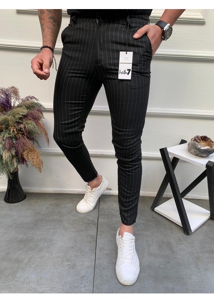 Erkek Siyah Slim Fit Çizgili Kumaş Pantolon