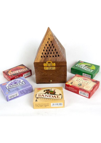 Ahşap Konik Tütsü Yakma Kutusu ve 5 ' Li Konik Tütsü Seti 16 cm