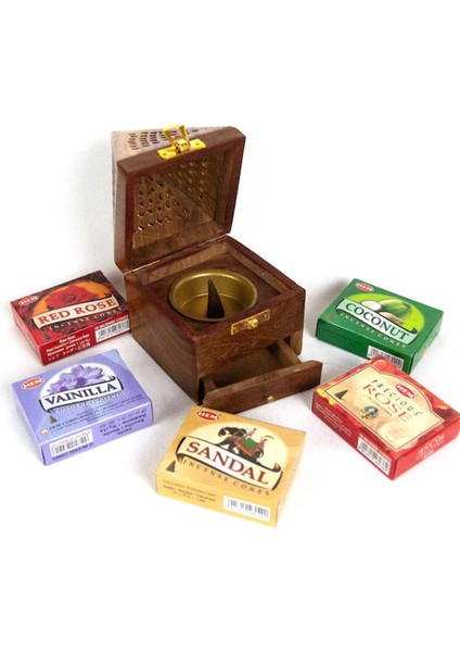 Ahşap Konik Tütsü Yakma Kutusu ve 5 ' Li Konik Tütsü Seti 16 cm fiyatları