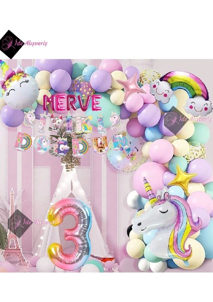 5 Harfli 1 Yaş Karakterli Unicorn Temalı Iyi Ki Doğdun Makaron Balon Doğum Günü Parti Kutlama Seti