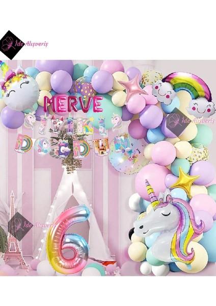5 Harfli 1 Yaş Karakterli Unicorn Temalı Iyi Ki Doğdun Makaron Balon Doğum Günü Parti Kutlama Seti