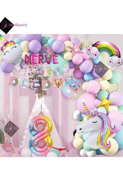 5 Harfli 1 Yaş Karakterli Unicorn Temalı Iyi Ki Doğdun Makaron Balon Doğum Günü Parti Kutlama Seti