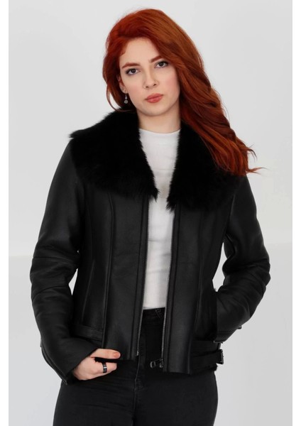 Siyah Kadın Hakiki Kürk Mont Kemer Detaylı Deri Ceket - 10372210