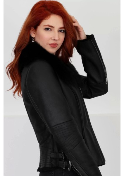 Siyah Kadın Hakiki Kürk Mont Kemer Detaylı Deri Ceket - 10372210 fiyatları