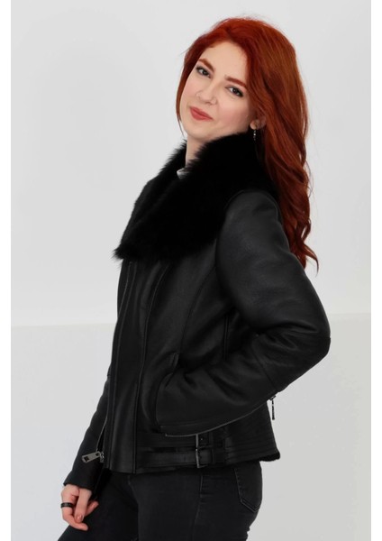 Siyah Kadın Hakiki Kürk Mont Kemer Detaylı Deri Ceket - 10372210 modelleri