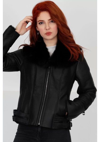 Siyah Kadın Hakiki Kürk Mont Kemer Detaylı Deri Ceket - 10372210 fırsatları