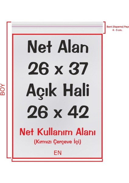 26X37+5 cm (26*42) 500 Adet Şeffaf Bantlı Yapışkanlı Jelatin Poşet