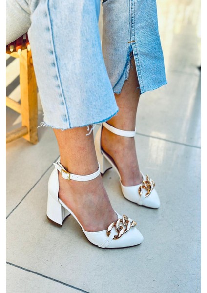 Y147 Beyaz Deri Topuklu Kadın Ayakkabı