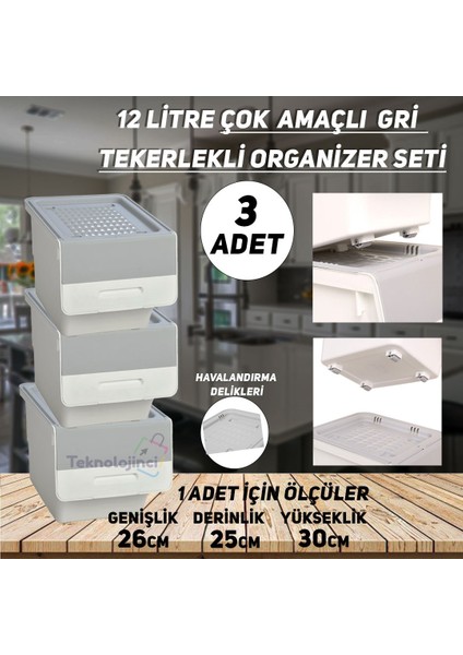 Motek MT07 Tekerlekli Eşya ve Erzak Kutusu 3 Katlı  3X12 Lt Organizer