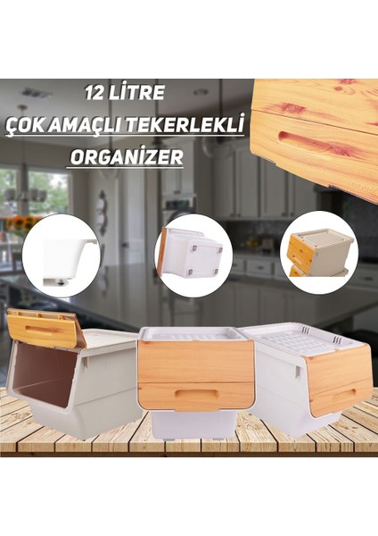 Motek 12 Litre Bambu Desen Tekerlekli Tekli Organizer