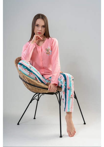 Pamuklu Kadın Tamamı Düğmeli Uzun Kol Pijama Takım