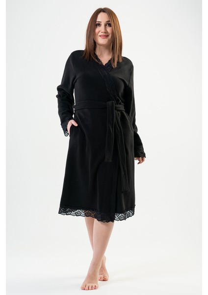 Pamuklu Kadın Polar Büyük Beden Uzun Kol Dantelli Sabahlık