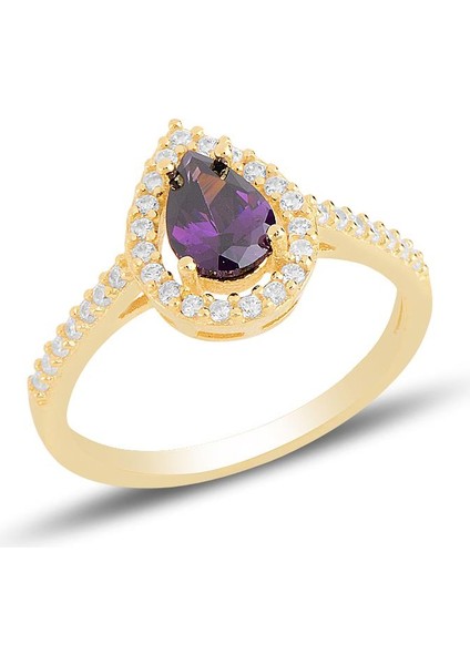 Gümüş Altın Yaldızlı Ametis Taşlı Damla Modeli Yüzük