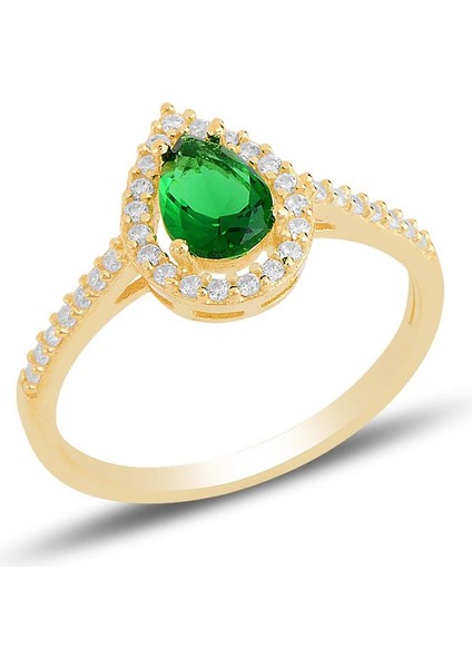 Gümüş Altın Yaldızlı Kök Zümrüt Taşlı Damla Modeli Yüzük