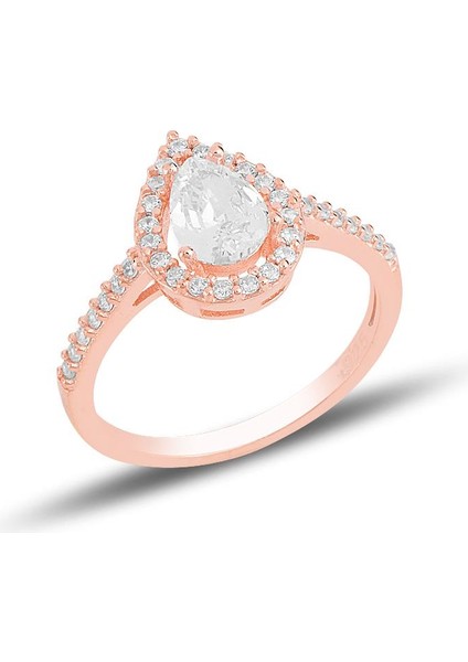 Gümüş Rose Zirkon Taşlı Damla Modeli Yüzük
