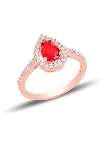 Gümüş Rose Kırmızı Taşlı Damla Modeli Yüzük fiyatları