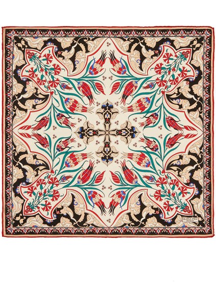 Ekru Siyah Karanfil Lale Desen Ipek Mendil