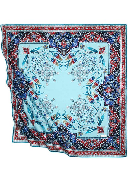 Kırmızı Petrol Türk Motifli Şamdan Lale Desen Ipeksi Eşarp