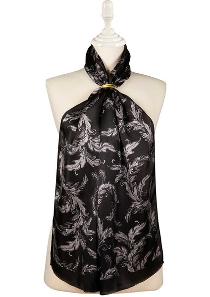 Siyah Yaprak Desen Ipek Fular