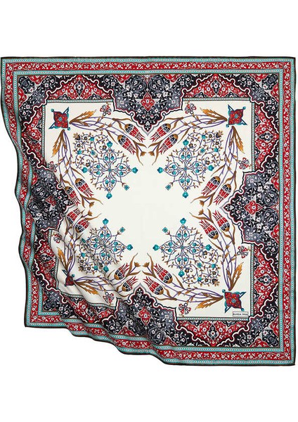 Kırmızı Haki Türk Motifli Şamdan Lale Desen Ipeksi Eşarp