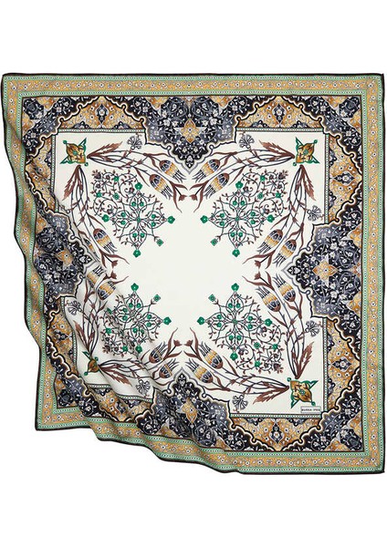 Sarı Siyah Türk Motifli Şamdan Lale Desen Ipeksi Eşarp