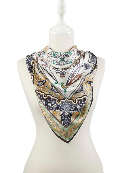 Sarı Siyah Türk Motifli Şamdan Lale Desen Ipeksi Eşarp fiyatları