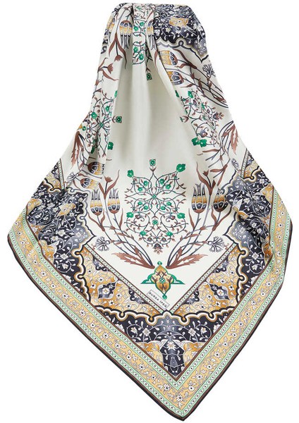 Sarı Siyah Türk Motifli Şamdan Lale Desen Ipeksi Eşarp modelleri