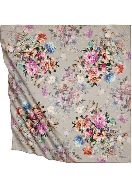 Açık Gri Dörtçiçek Desen Ipeksi Eşarp
