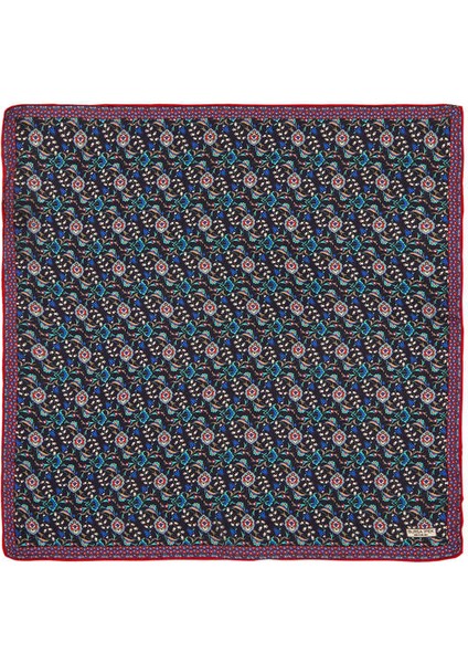 Lacivert Kırmızı Sarmaşık Lale Desen Ipek Mendil