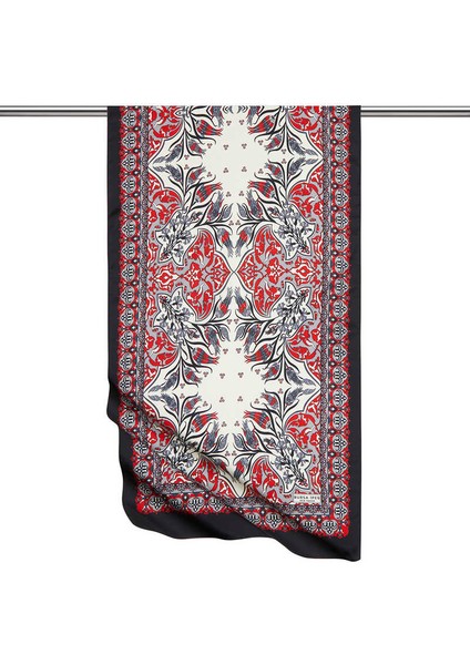 Kırmızı Siyah Çini Lale Desen Dar Ipeksi Fular