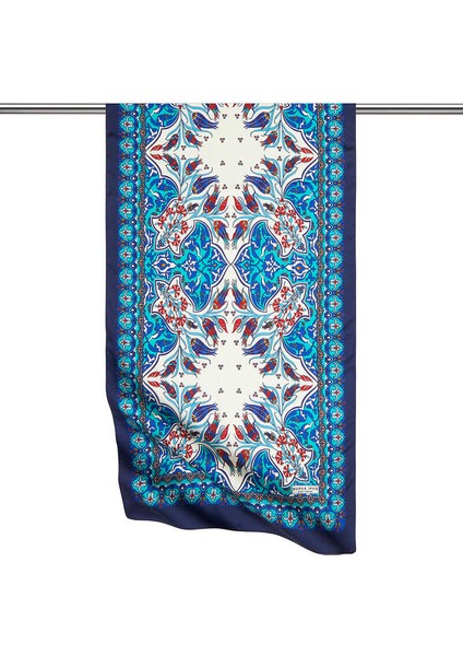 Saks Lacivert Çini Lale Desen Dar Ipeksi Fular