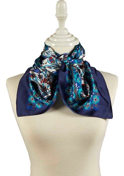 Saks Lacivert Çini Lale Desen Dar Ipeksi Fular fiyatları