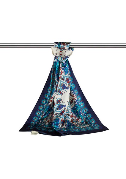 Saks Lacivert Çini Lale Desen Dar Ipeksi Fular modelleri