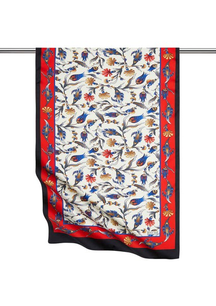 Kırmızı Siyah Karanfil Lale Desen Geniş Ipeksi Fular