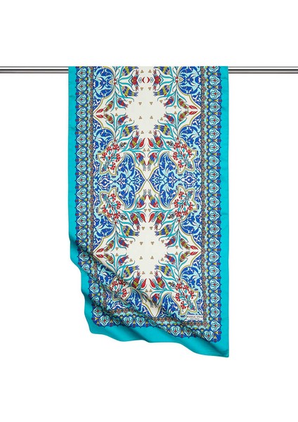 Saks Yeşil Çini Lale Desen Dar Ipeksi Fular