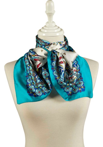 Saks Yeşil Çini Lale Desen Dar Ipeksi Fular fiyatları