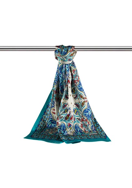 Saks Yeşil Çini Lale Desen Dar Ipeksi Fular modelleri