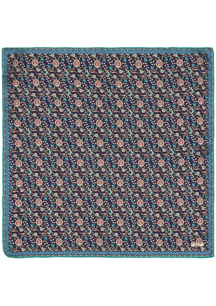 Lacivert Turkuaz Sarmaşık Lale Desen Ipek Mendil