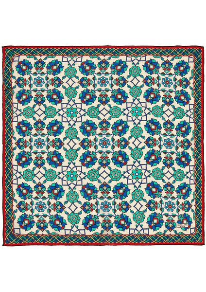 Ekru Yeşil Motif Desen Ipek Mendil