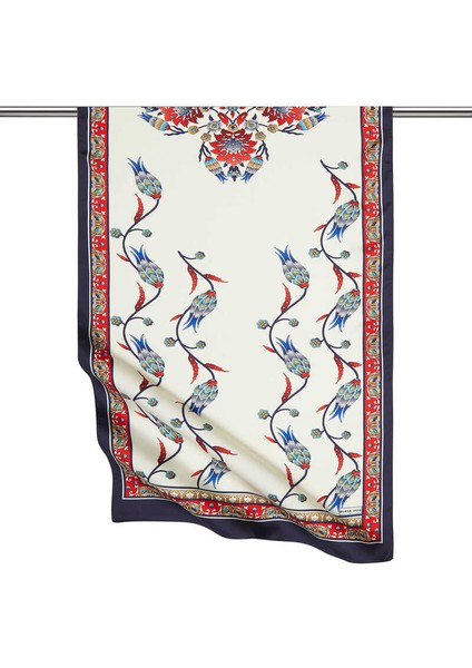 Kırmızı Lacivert Sıra Lale Desen Geniş Ipeksi Fular