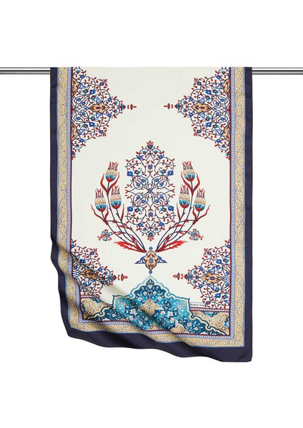 Gold Lacivert Şamdan Desen Geniş Ipeksi Fular