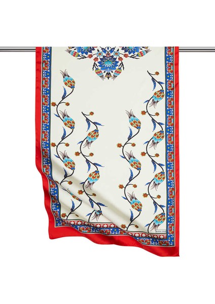 Saks Kırmızı Sıra Lale Desen Geniş Ipeksi Fular