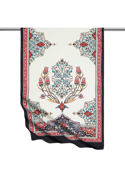 Kırmızı Siyah Şamdan Desen Geniş Ipeksi Fular