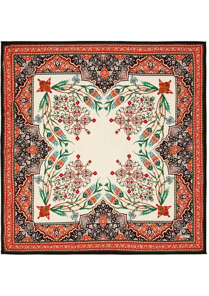 Turuncu Siyah Şamdan Lale Desen Ipek Eşarp